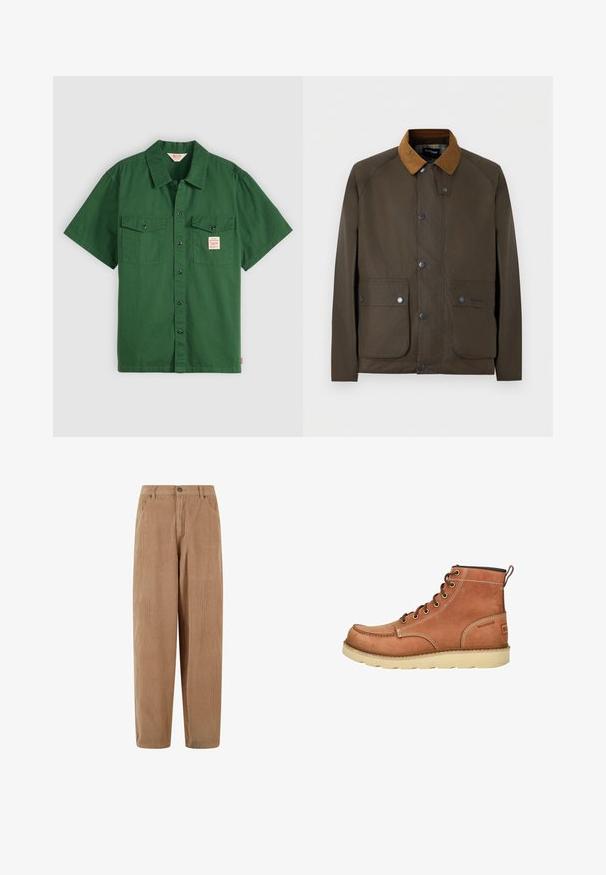 Bruine gewaxte jas met een beige corduroy kraag, knopen aan de voorkant en twee grote klepzakken met knopen.; Korte mouwen groene katoenen shirt met knoopsluiting, twee borstzakken en een klein label op de linkse zak. Effen, geen patronen.; Lichtbruine corduroy broek met een rechte pasvorm, voorzien van een knoopsluiting en zijzakken, textuur met ribbels.; Bruine waterdichte leren enkellaarzen met witte stiksels, ronde neus en lichtbeige rubberen zool. Voorzien van metalen oogjes en een lus.