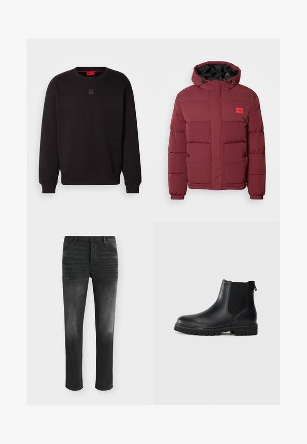 Bordeauxfarbene gepolsterte Winterjacke mit Kapuze, vorderen Taschen mit Knöpfen, elastischen Bündchen und einem kleinen roten HUGO-Logo-Patch auf der Brust.; Schwarzer Sweatshirt aus weichem Material mit geripptem Rundhalsausschnitt und -bündchen. Ein kleines schwarzes Logo-Abzeichen befindet sich mittig auf der Brust.; Schwarze Skinny-Jeans mit ausgebleichten Details, Fünf-Taschen-Stil und Knopfverschluss in der Taille.; Schwarze Leder-Stiefelette mit elastischen Seiteneinsätzen, runder Spitze und einer robusten Gummisohle mit tiefem Profil für optimalen Halt.