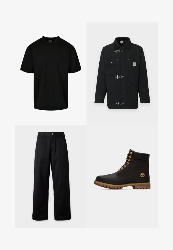 Zwarte jas van zware stof, voorzien van een corduroy kraag, vier voorzakken en metalen sluitingen met touwtje. Carhartt-logo op de borst.; Zwart T-shirt van katoen, met een ronde hals en korte mouwen in een losse pasvorm. Eenvoudig ontwerp, zonder patronen of grafische elementen.; Zwarte broek met wijde pijpen, riemlussen, knoop aan de voorkant en ritssluiting, weergegeven tegen een effen lichte achtergrond.; Zwarte leren enkellaars met gouden oogjes, bruine accenten en een rubberen zool. Heeft een gevoerde kraag en geperst logo aan de zijkant.