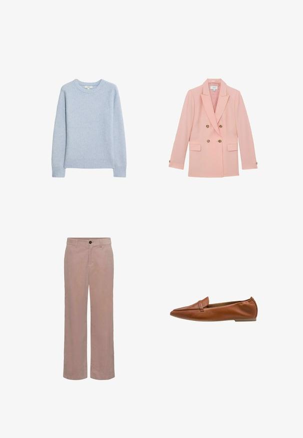 Blazer de doble botonadura de color rosa pálido con solapas con muesca, botones dorados, bolsillos con solapa y mangas largas, colocado sobre un fondo blanco.; Suéter de punto de canalé azul claro con escote redondo, hombros caídos y dobladillo y puños de canalé. Textura suave y corte relajado.; Pantalones de pierna ancha de color rosa claro, confeccionados en tela suave, con cierre frontal de botón, dos bolsillos laterales y una textura lisa.; Mocasines de cuero marrón con suela plana, puntera puntiaguda y un detalle de costura en la parte frontal. Textura lisa con detalles mínimos.