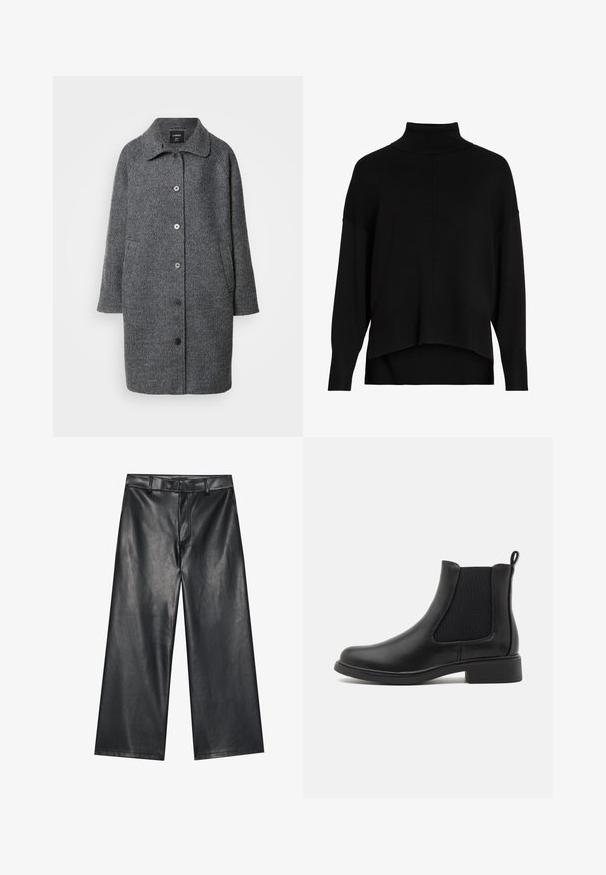 Manteau en laine grise avec un col, manches longues, fermeture à boutons, poches latérales et tissu texturé.; Pull en maille noire à col roulé avec une coupe ample, des épaules tombantes, des poignets côtelés et un design d'ourlet asymétrique. Texture douce, détails minimaux.; Pantalons en cuir noir largement coupés avec une texture lisse, des passants de ceinture et une fermeture éclair à l'avant. Présente un ajustement lâche et des détails de couture soignés.; Bottines Chelsea en cuir noir avec des panneaux latéraux élastiques, bout arrondi et un petit talon en bloc. Texture lisse et design minimaliste.