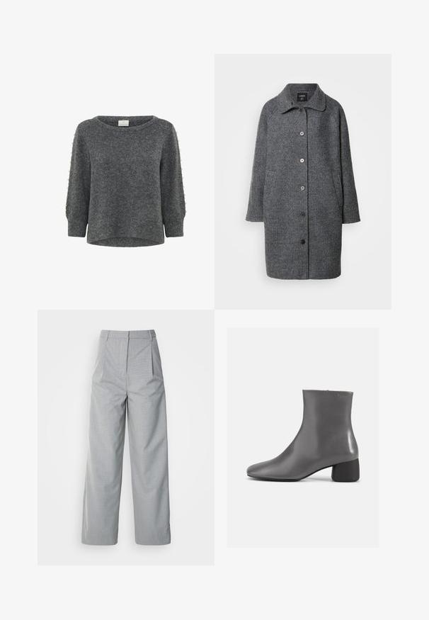 Grijs wollen jack met een kraag, lange mouwen, knoopsluiting, zijzakken en textuurstof.; Kaffe KABETTY - Trui - grey melange; Grijze wijde broek van gestructureerde stof, met een hoge taille, plooien aan de voorkant en een rechte pasvorm naar de zoom.; Grijze leren enkelboot met een slank ontwerp, spitse neus en een korte blokhak. Gladde textuur met minimale merkvoering aan de zijkant.
