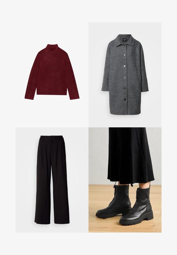 Grå uldfrakke med krave, lange ærmer, knaplukning, sidelommer og struktureret stof.; Bordeaux turtleneck trøje, strikket, med ribbede detaljer ved kraven og ærmerne, med en boxy form og blød tekstur.; Sorte bukser med vid benvidde lavet af glat stof, med folder foran, en tætsiddende talje og uden synlige mønstre eller detaljer.; Sorte læder ankelstøvler med en kraftig platformsål og en frontlynlås. Glat tekstur med et minimalistisk design.