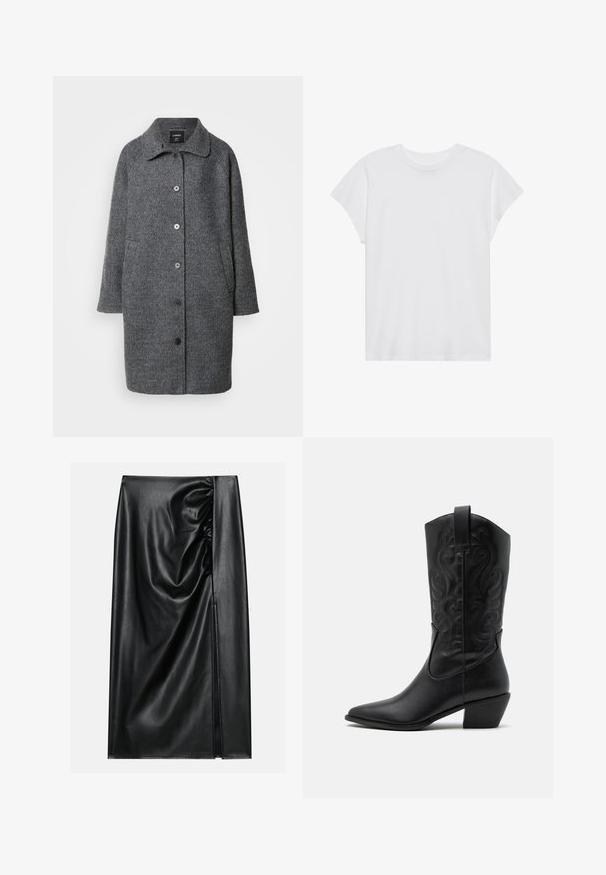 Grijs wollen jack met een kraag, lange mouwen, knoopsluiting, zijzakken en textuurstof.; Witte t-shirt met korte mouwen, ronde hals, relaxte pasvorm, gemaakt van zacht katoen. Glad textuur, geen patronen of logo's.; Zwarte leren rok met een soepele textuur, voorzien van een geplooid gedeelte aan één kant en een zijspleet voor extra detail.; Zwarte leren cowboylaars met een spitse neus, gegraveerde draaiende patronen en een halfhoge hak. Voorzien van een trekhaak voor gemakkelijk aan- en uittrekken.