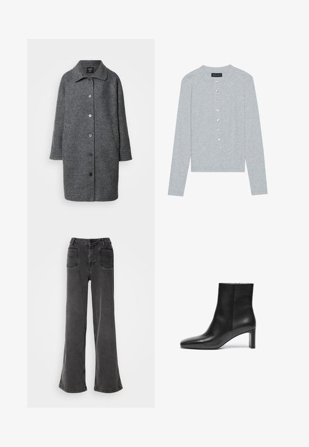 Manteau en laine grise avec un col, manches longues, fermeture à boutons, poches latérales et tissu texturé.; Cardigan gris à manches longues en tissu côtelé, présentant un col rond et six boutons frontaux avec une légère brillance.; Jean noir taille haute à jambes larges en denim, avec une fermeture à bouton, des passants de ceinture et deux poches arrière avec des accents cousus.; Bottine en cuir noir avec un bout pointu, un talon effilé et une texture lisse ; elle dispose d'une fermeture éclair sur le côté.