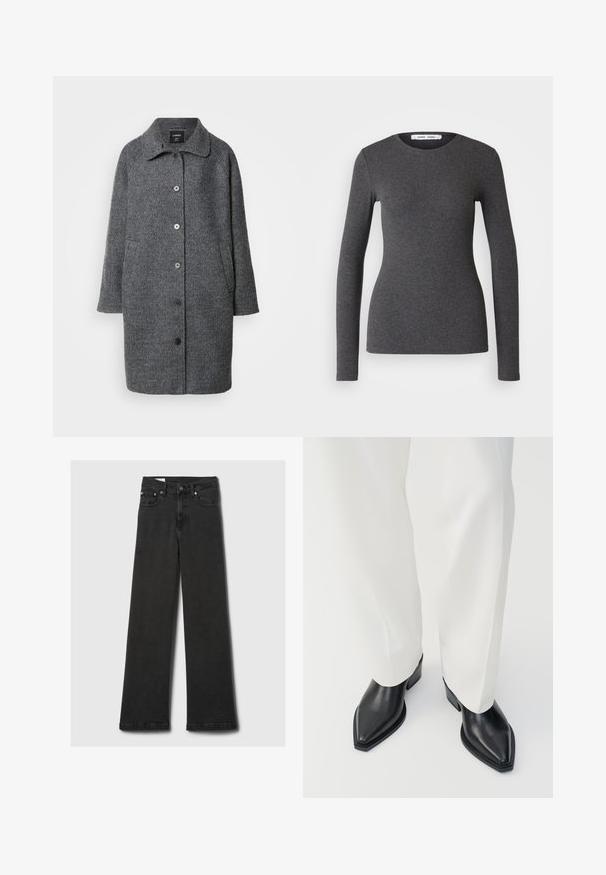 Manteau en laine grise avec un col, manches longues, fermeture à boutons, poches latérales et tissu texturé.; Haut à manches longues et col rond en gris foncé, fabriqué à partir d'un tissu côtelé avec une coupe ajustée, présentant une texture lisse et un minimalisme dans les détails.; Jeans noirs taille haute à jambes droites avec cinq poches et rivets en cuivre, posés à plat sur un fond gris clair.; Bottines noires à bout pointu en cuir lisse, avec des talons bas en bloc, associées à un pantalon large blanc. Design simple et moderne.