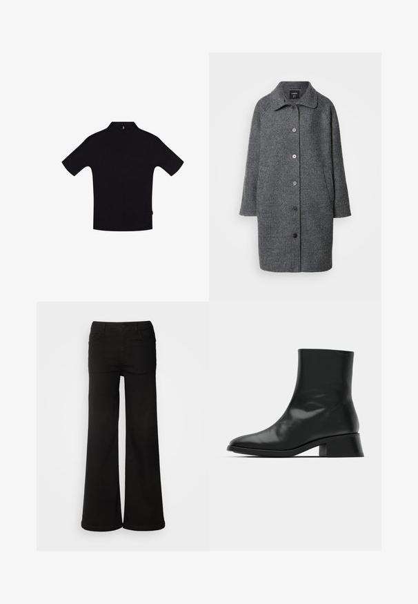 Grijs wollen jack met een kraag, lange mouwen, knoopsluiting, zijzakken en textuurstof.; Zwarte t-shirt met korte mouwen, een hoge kraag en een ritssluiting aan de achterkant. Gemaakt van een gladde stof met een minimalistisch ontwerp en zonder zichtbare patronen.; Zwarte wijde denim broek met voorzakken, een knoopsluiting en een gladde textuur met een nette afwerking.; Zwarte enkelboot van glanzend leer, met een slank ontwerp, spitse neus en een gematigde blokhak voor stabiliteit.