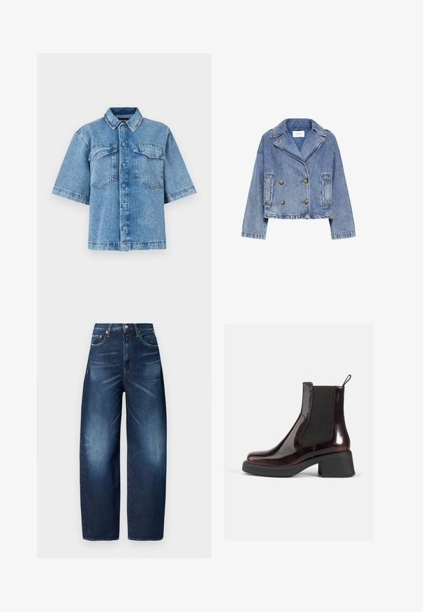 Lysblå denimjakke med cropped design, dobbeltknaplukning, brede slag og sidelommer, der har en let tekstureret overflade.; Kortærmet denimskjorte i lyseblå med spread krave, to brystlommer og knaplukning fortil. Skjorten har en afslappet pasform og synlige syninger.; Mørkeblå denim bukser med bred ben, udstyret med knaplukning, fem lommer og let lysning på lårerne for teksturel kontrast.; Bordeaux laklæder ankelsko med elastiske sidesektioner, rund tå og en kraftig sort hæl. Struktureret overflade tilføjer dybde.