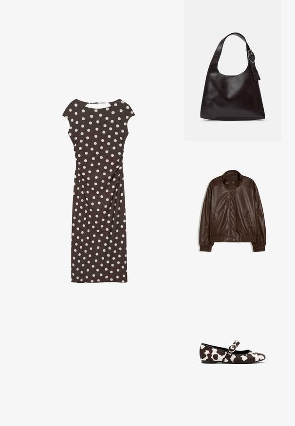 Donkerbruine neplederen jas met opstaande kraag, drukknoopsluiting aan de voorkant, zijzakken en elastische boorden en tailleband op een witte achtergrond.; Bruine knielange jurk met witte stippen, korte mouwen, gerimpelde zijkanten en een klein sleutelgat aan de achterkant met een knoopsluiting.; Ballet flats in wit en bruin koeienprintbont, met een ronde neus en een band met een ronde gespsluiting. Platte zool.; Bruine lederen schoudertas met een gladde textuur, ronde vorm, brede strap en een cirkelvormig metallic accent op de handgreep.
