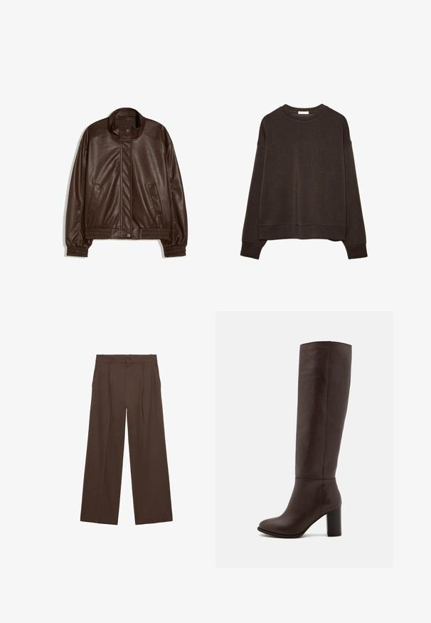 Bershka Bunda z nepravej kože - dark brown; Tmavohnedá pulóvrová mikina z mäkkej látky, s okrúhlym výstrihom, spustenými ramenami a skráteným lemom. Bez vzorov a kovových ozdôb.; Hnedé široké nohavice vyrobené z hladkej látky, s vysokým pásom, prednými záhybmi a dvoma bočnými vreckami.; Hnedé kožené vysoké čižmy po kolená s blokovým podpätkom, hladkou textúrou, zaoblenou špičkou a minimom šitia.