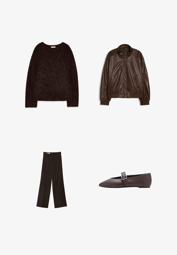 Veste en simili-cuir marron foncé avec col montant, boutons pression à l'avant, poches latérales, poignets et taille élastiques sur fond blanc.; Pull en maille brun avec un décolleté en V, des manches longues et une texture douce et pelucheuse. Le design est surdimensionné avec une coupe décontractée et un minimalisme dans les détails.; Pantalon noir à jambes larges avec un bouton à l'avant et des passants pour ceinture, présentant un pli au centre de chaque jambe.; Chaussure plate marron à bout pointu avec une bride à boucle argentée sur le dessus du pied, texture en cuir lisse et talon bas.