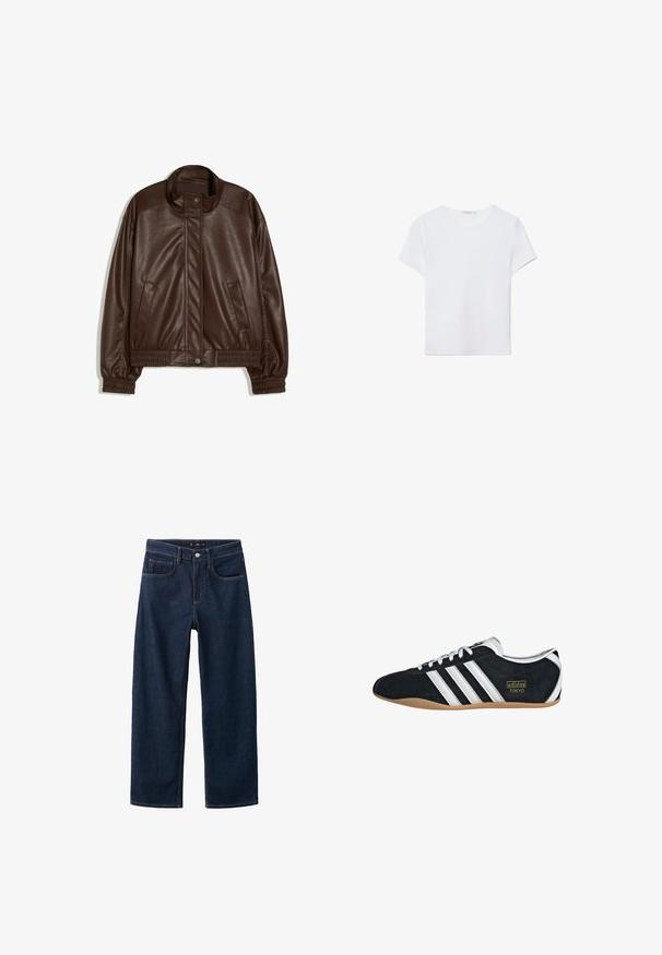 Dunkelbraune Jacke aus Kunstleder mit Stehkragen, vorderen Druckknöpfen, Seitentaschen sowie elastischen Bündchen und Bund auf weißem Hintergrund.; Weißes kurzärmliges T-Shirt aus weichem Stoff. Hat einen runden Halsausschnitt und ein einfaches, sauberes Design mit geradem Saum.; Dunkelblaue Jeans mit geradem Bein, im klassischen Fünf-Taschen-Stil, sichtbaren Nähten und einem Knopfverschluss an der Taille.; Schwarze Wildledersneaker mit drei weißen Streifen, goldenem Logo und brauner Gummisohle. Merkmale ein niedrigprofiliertes Schnürdesign.