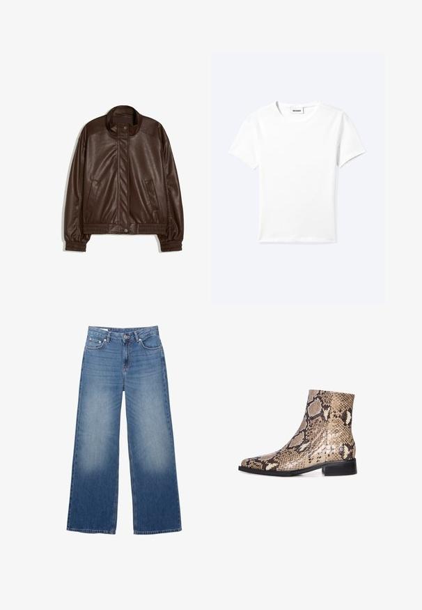 Dunkelbraune Jacke aus Kunstleder mit Stehkragen, vorderen Druckknöpfen, Seitentaschen sowie elastischen Bündchen und Bund auf weißem Hintergrund.; Einfaches weißes T-Shirt mit kurzen Ärmeln und Rundhalsausschnitt sowie kleinem "WEEKDAY"-Etikett im Nacken, flach auf einem hellen Hintergrund präsentiert.; Blaue Jeans im Weitbein-Stil aus Denim mit vorderem Knopf und Reißverschluss, ausgestattet mit Front- und Gesäßtaschen sowie leichter Verwaschung an den Oberschenkeln.; Schlangenleder-Ankle-Boot mit spitz zulaufender Zehenpartie, glänzender Oberfläche, neutralen Beige- und Brauntönen, niedrigem schwarzen Absatz und strukturiertem Muster.