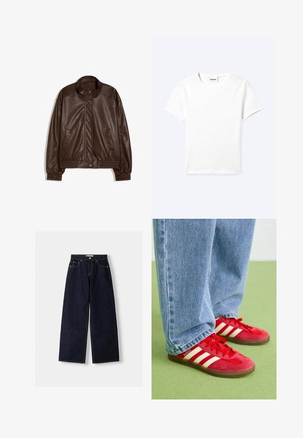 Donkerbruine neplederen jas met opstaande kraag, drukknoopsluiting aan de voorkant, zijzakken en elastische boorden en tailleband op een witte achtergrond.; Effen wit T-shirt met korte mouwen en ronde hals met een klein "WEEKDAY" label aan de binnenkant van de hals, plat neergelegd op een lichte achtergrond.; Donkerblauwe denim wijduitlopende jeans met een hoge taille, vijf zakken, contrasterende stiksels en zilveren metalen hardware. Gladde textuur en een nette afwerking.; Rode suède sneakers met drie witte strepen, ronde neus en gestructureerde zool, gecombineerd met lichtblauwe spijkerbroek op een groene achtergrond.