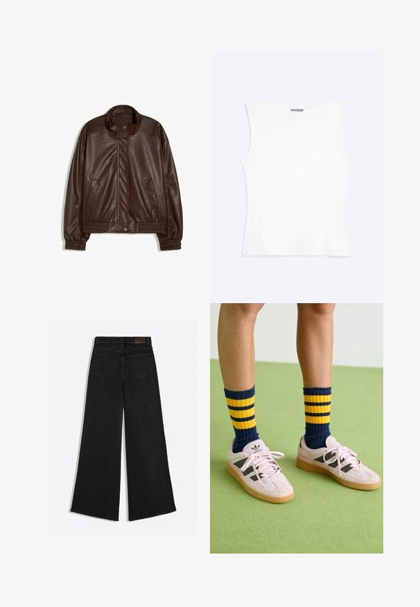 Donkerbruine neplederen jas met opstaande kraag, drukknoopsluiting aan de voorkant, zijzakken en elastische boorden en tailleband op een witte achtergrond.; Wit nauwsluitend mouwloos tanktopje met een ronde halslijn en minimalistisch ontwerp, met het label "WEEKDAY" aan de binnenkant van de kraag.; Zwarte denim jeans met wijde pijpen, gezien van achteren met twee achterzakken en riemlussen op de tailleband.; Lichtroze suède sneakers met zwarte strepen en rubberen gummizolen, gecombineerd met marineblauwe en gele gestreepte rib sokken. Groene gestructureerde vloer.