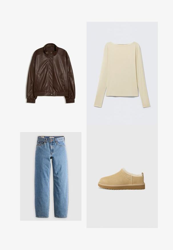 Veste en simili-cuir marron foncé avec col montant, boutons pression à l'avant, poches latérales, poignets et taille élastiques sur fond blanc.; Haut beige à manches longues et cintré avec un col bateau, présenté à plat sur un fond clair.; Jean en denim bleu clair avec une coupe droite, cinq poches, une fermeture éclair et une texture légèrement délavée. Style classique avec peu de matériel.; Chaussure en daim à enfiler de couleur beige clair, dotée d'une douce doublure en fourrure et d'une semelle en caoutchouc texturé avec un léger talon et une sangle à l'arrière pour un enfilage facile.