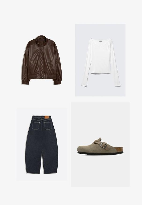 Veste en simili-cuir marron foncé avec col montant, boutons pression à l'avant, poches latérales, poignets et taille élastiques sur fond blanc.; Haut blanc à manches longues avec un design croisé et une poche. Fabriqué dans un tissu lisse et extensible. Coupé dans une coupe décontractée et ample.; Jean en denim bleu foncé à jambes larges vu de dos avec deux poches plaquées et une étiquette de marque en cuir marron sur la ceinture.; Sabots en velours côtelé vert olive clair avec une semelle en liège et en caoutchouc moulée. Dispose d'une sangle latérale avec une boucle en métal et d'un bout arrondi.