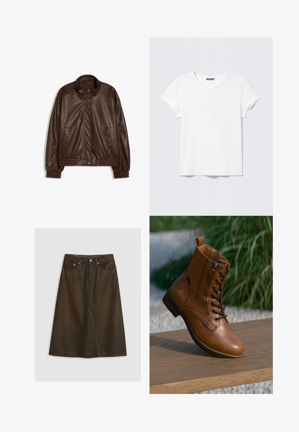 Dunkelbraune Jacke aus Kunstleder mit Stehkragen, vorderen Druckknöpfen, Seitentaschen sowie elastischen Bündchen und Bund auf weißem Hintergrund.; Schlichtes weißes T-Shirt mit kurzen Ärmeln und V-Ausschnitt, mit einem kleinen "WEEKDAY"-Etikett innen am Kragen, auf einem hellgrauen Hintergrund dargestellt.; Brauner Jeansrock in A-Linie mit hoher Taille, vorderem Schlitz, kupferfarbenen Nieten und tonalem Steppen. Glatte Textur, knielanges Design.; Brauner Leder-Stiefelette mit seitlichem Reißverschluss und Schnürsenkeln, auf einer Holzoberfläche im Freien platziert, mit unscharfem Grün im Hintergrund.