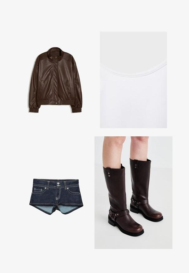 Veste en simili-cuir marron foncé avec col montant, boutons pression à l'avant, poches latérales, poignets et taille élastiques sur fond blanc.; Gros plan sur un tissu blanc avec un col arrondi et des coutures visibles le long du bord du col.; Shorts en jean bleu foncé avec une doublure intérieure bleu clair, présentant des poches avant, deux boutons et une couture contrastée au niveau de la taille.; Bottines en cuir marron jusqu'aux genoux avec une texture lisse, dotées d'une large sangle et d'accents en métal triangulaires, semelles en caoutchouc plates.