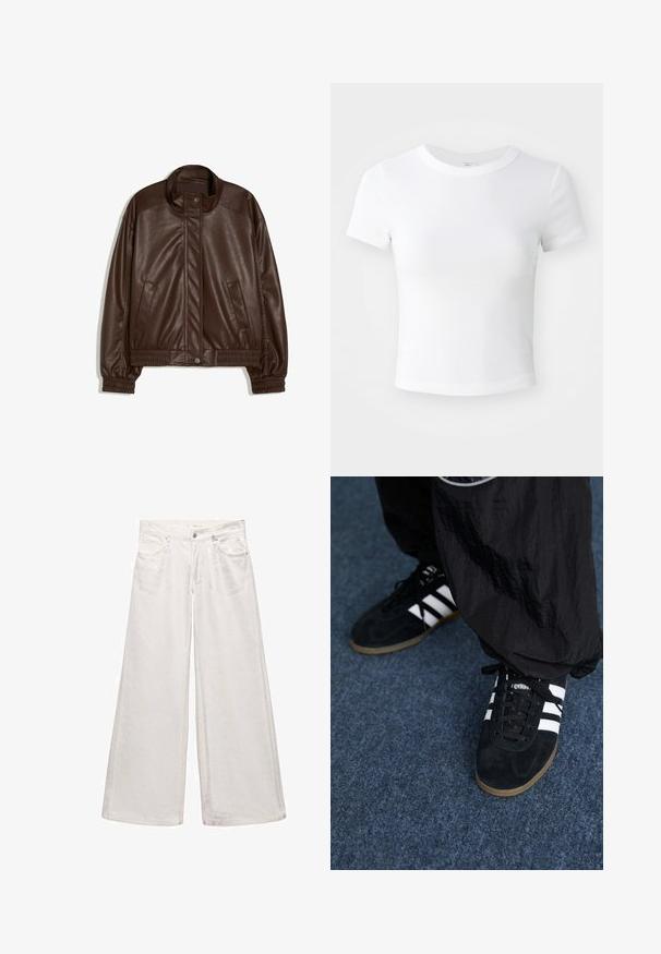 Donkerbruine neplederen jas met opstaande kraag, drukknoopsluiting aan de voorkant, zijzakken en elastische boorden en tailleband op een witte achtergrond.; Effen witte cropped t-shirt met korte mouwen en ronde hals, weergegeven op een neutrale lichte achtergrond.; Wijd been jeans van witte denim, met een hoge taille, twee voorzakken en een ritssluiting, met subtiele stikdetails.; Zwarte suède sportschoenen met drie witte strepen en zwarte veters. Een gestructureerde zwarte broek is deels zichtbaar naast de schoenen.