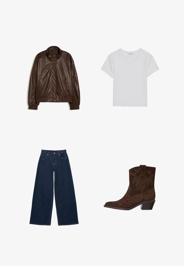 Dunkelbraune Jacke aus Kunstleder mit Stehkragen, vorderen Druckknöpfen, Seitentaschen sowie elastischen Bündchen und Bund auf weißem Hintergrund.; Weißes kurzärmliges V-Ausschnitt-T-Shirt aus Rippstoff. Es zeichnet sich durch ein sauberes Design mit geradem Saum und minimalen Details aus.; Dunkelblaue Jeans mit weitem Bein, vorderen Taschen, Gürtelschlaufen und Knopfverschluss am Bund, flach auf weißem Hintergrund liegend dargestellt.; Braune Wildleder-Cowboy-Stiefel mit spitzem Zeh, dekorativen Stickmustern, Knöchelhöhe und gestapeltem Absatz. Mit einer Zuglasche für einfaches An- und Ausziehen.