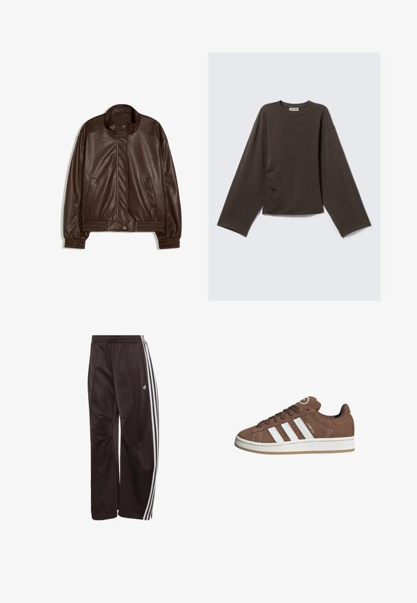 Mørkebrun jakke af kunstlæder med ståkrave, trykknapper foran, sidelommer og elastiske manchetter og linning på hvid baggrund.; Mørkebrun langærmet crew neck-shirt med løs pasform og let krøllet på den ene side, vist på en ensartet lys baggrund.; Sorte Adidas træningsbukser med hvide tre striber ned langs siderne, elastisk linning, sidelomme med lynlås og Adidas-logo på venstre ben.; Brune ruskinds sneakers med hvide læderstriber, gummisål, rund tå og snørebåndsfront. Har et logo på tungen og perforerede detaljer.