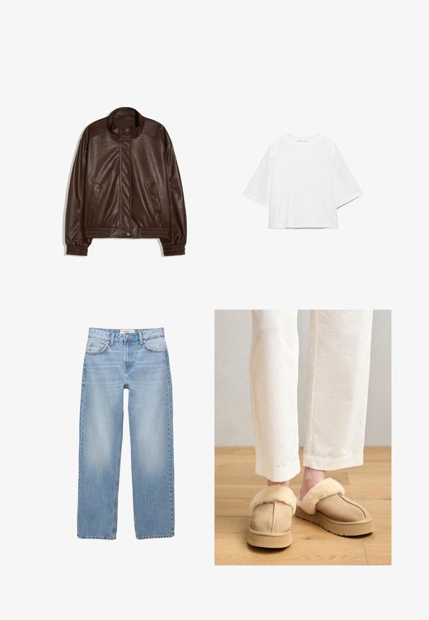 Veste en simili-cuir marron foncé avec col montant, boutons pression à l'avant, poches latérales, poignets et taille élastiques sur fond blanc.; T-shirt blanc à manches courtes, coupe carrée, en coton doux. Présente un col rond et des manches larges, avec un design épuré et simple.; Jean en denim bleu clair avec une coupe droite, style cinq poches et des détails de couture visibles. Le tissu a une texture douce et légèrement décolorée.; Chaussons en suède beige avec une douce doublure en fausse fourrure crème et une semelle épaisse. Portés avec un pantalon en corduroy blanc à côtes, laissant entrevoir la peau au-dessus des chevilles.