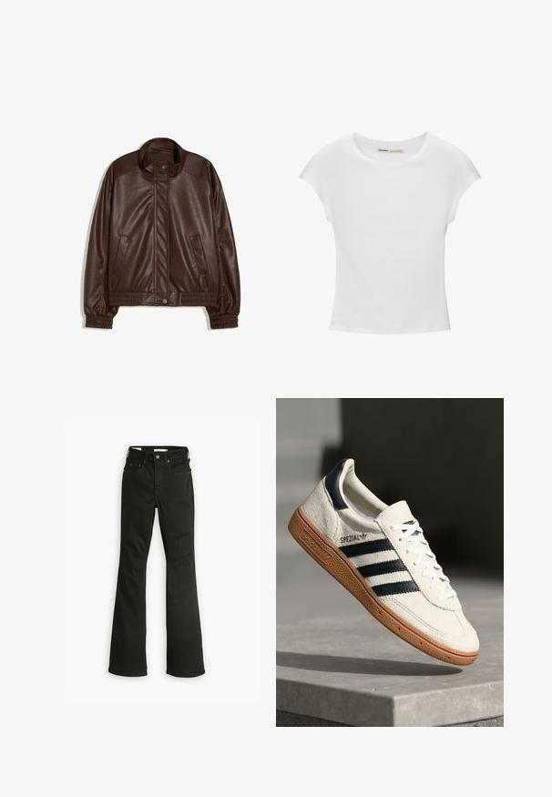 Dunkelbraune Jacke aus Kunstleder mit Stehkragen, vorderen Druckknöpfen, Seitentaschen sowie elastischen Bündchen und Bund auf weißem Hintergrund.; Weißes Baumwoll-T-Shirt mit kurzen, aufgerollten Ärmeln, rundem Ausschnitt und geradem Saum. Glatte Textur ohne sichtbare Muster oder Akzente.; Schwarze Schlagjeans aus Denim. Verfügt über ein klassisches Fünf-Taschen-Design mit Reißverschluss, robuster Naht und sauberem Saum.; Weiße Wildleder-Sneaker mit marineblauen Streifen, Gummisohle, strukturiertem Obermaterial, runder Zehenform und Schnürung; mit Branding an der Seite und auf der Zunge.