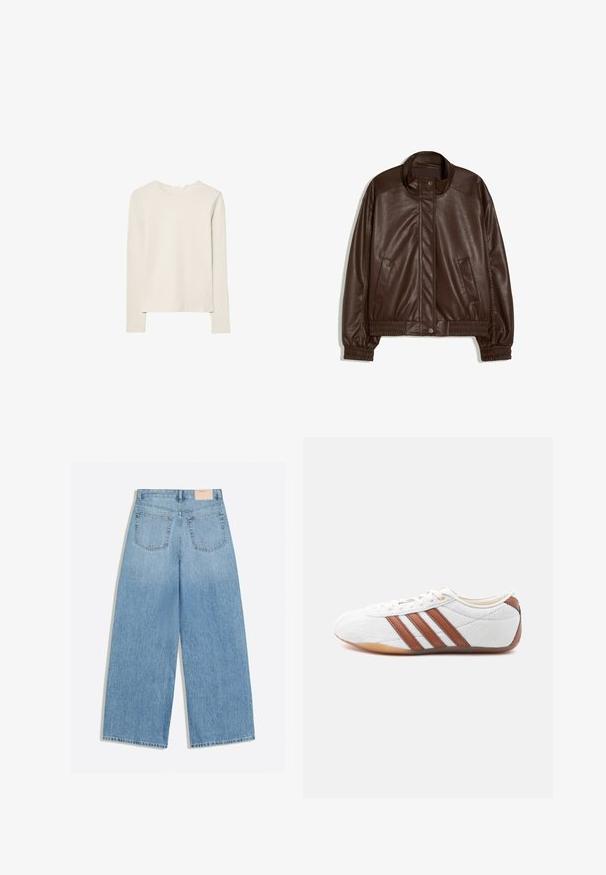 Veste en simili-cuir marron foncé avec col montant, boutons pression à l'avant, poches latérales, poignets et taille élastiques sur fond blanc.; Haut beige clair à manches longues en tissu doux, avec un col rond et une coupe décontractée, un ourlet droit et un minimum de détails de couture.; Jean denim bleu clair à jambes larges avec deux poches arrière et une petite étiquette de marque beige sur la ceinture.; Baskets blanches basses avec des bandes en cuir marron, fermeture à lacets et semelle en caoutchouc gomme, vues de l'intérieur sur fond blanc.