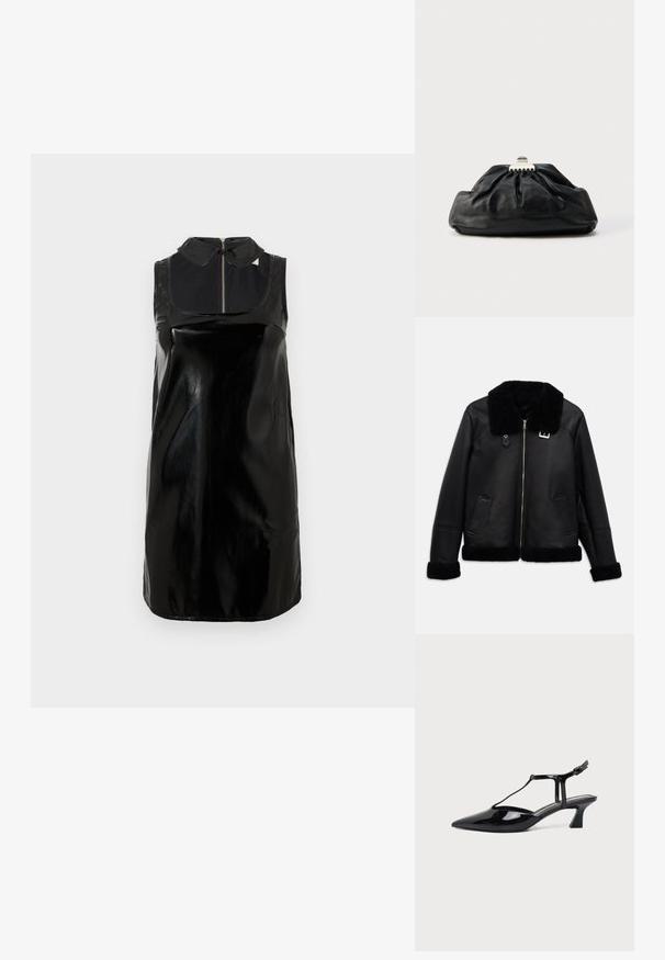 Chaqueta de cuero negra con cuello de borreguillo, cremallera frontal y dos bolsillos laterales. Los puños y el dobladillo también están recortados con borreguillo.; Vestido sin mangas de cuero sintético negro con cuello alto y cremallera frontal, que presenta una textura brillante y una silueta ajustada y recta.; Zapato slingback de cuero charol negro con punta fina, tira en T y tacón bajo en bloque inclinado sobre fondo blanco.; Bolso de mano de cuero negro con textura recogida, cierre de broche metálico y logo en relieve sutil en el frente. Forma redondeada.