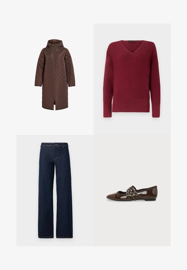 Langer brauner gesteppter Mantel mit Kapuze und Frontreißverschluss, für kaltes Wetter entworfen.; Damen Langarm-Strickpullover in Burgunderrot mit V-Ausschnitt sowie gerippten Bündchen und Saum.; Weite, dunkelblaue Jeans mit klassischem Fünf-Taschen-Design, aus Denim gefertigt, mit goldenen Nähten und einem Knopfverschluss an der Taille.; Brauner Lackleder-Flachschuh mit spitzer Zehenpartie und drei verstellbaren Schnallenriemen an der Seite, von der Außenseite gezeigt.