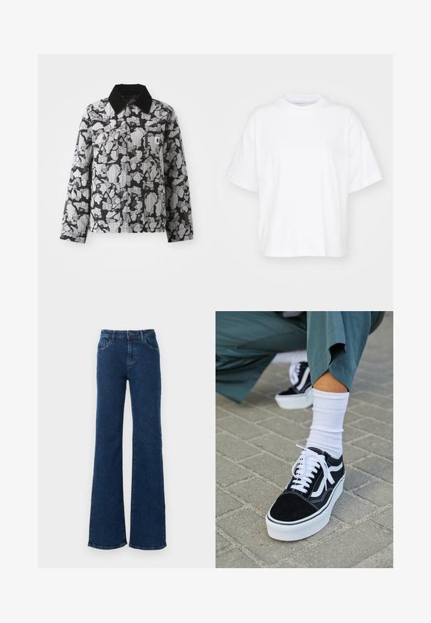 Chaqueta con patrón de camuflaje en negro y gris, con cuello negro, parte delantera abotonada, bolsillos con solapa en el pecho y un parche con el logotipo amarillo en el bolsillo del lado izquierdo del pecho.; Camiseta de algodón blanca con cuello redondo, mangas cortas y un corte relajado. Presenta un logo sutil en el área del pecho izquierdo. Textura suave.; Vaqueros de mezclilla azul oscuro de talle alto con pierna acampanada, botón delantero, cierre de cremallera y bolsillos delanteros y traseros.; Zapatillas de ante negro con acentos y cordones blancos, que cuentan con una gruesa suela blanca y costuras en contraste, combinadas con un calcetín blanco.