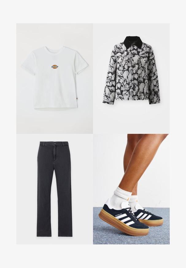 Chaqueta con patrón de camuflaje en negro y gris, con cuello negro, parte delantera abotonada, bolsillos con solapa en el pecho y un parche con el logotipo amarillo en el bolsillo del lado izquierdo del pecho.; Camiseta blanca de algodón con un logo redondo y acentos multicolores. Mangas cortas y un cuello redondo, con una pequeña etiqueta en el dobladillo.; Vaqueros negros de pierna recta con cierre frontal de botón y cremallera, trabillas para cinturón y diseño clásico de cinco bolsillos, extendidos planos sobre fondo blanco.; Piernas con calcetines blancos y zapatillas Adidas Gazelle negras con rayas blancas y suelas marrones gruesas sobre un suelo alfombrado gris.