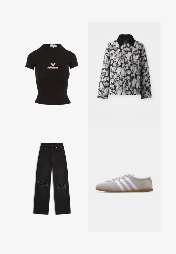 Veste à motif camouflage noir et gris avec col noir, devant boutonné, poches à rabat sur la poitrine, écusson logo jaune sur la poche de poitrine gauche.; Top court noir à manches courtes fabriqué dans un matériau extensible. Présente un logo "felicious" rose et un graphique de papillon sur le devant.; Jean droit en denim noir avec des déchirures usées aux deux genoux, poches avant et ceinture à fermeture par bouton.; Baskets en daim gris avec des rayures en cuir blanc et un logo doré. Semelle en gomme plate, bout rond et design classique à lacets.
