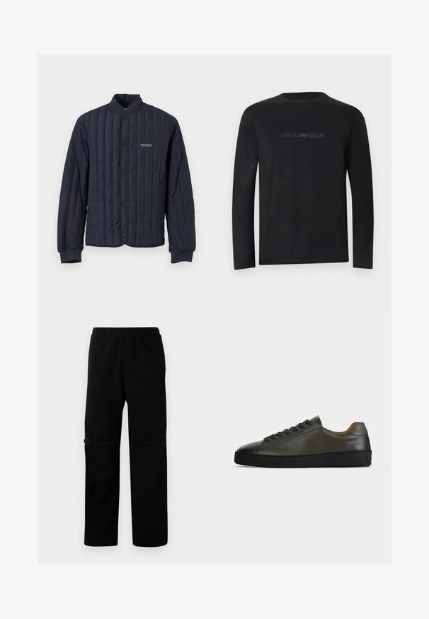 Marineblå quiltet jakke med trykknaplukning, ribstrikkede manchetter, kravefri design og lille hvid Armani Exchange-logo på brystet.; Sort langærmet T-shirt med rund hals og "EMPORIO ARMANI" logo broderet med sort tråd på brystet.; Sorte fleecebukser med elastisk talje og lige ben. Glat tekstur uden synlige mønstre eller hardware.; Lavtskåret mørkegrå læder sneaker med sorte snørebånd og sål, minimalistisk design, sideprofil på en ensfarvet lys baggrund.