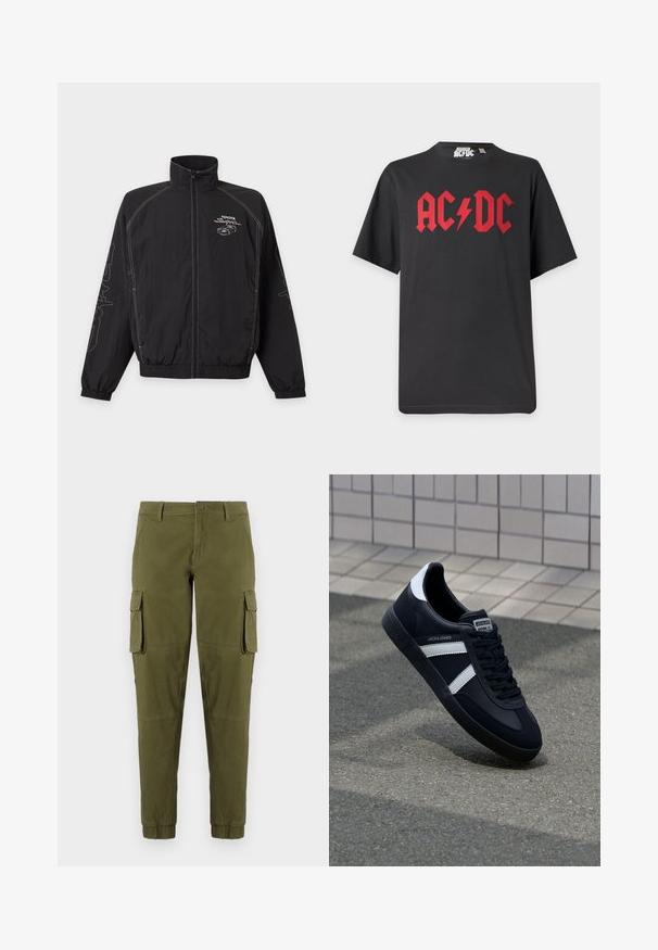 Schwarze Jacke mit Reißverschluss, weißem Toyota Supra-Logo und Auto-Grafik auf der Brust, weißen Nähten und Designdetails an beiden Ärmeln.; Schwarzes T-Shirt mit kurzen Ärmeln, großem rotem AC/DC-Logo und Blitzsymbol mittig auf der Vorderseite.; Olivgrüne Cargo-Hosen mit elastischen Bündchen, ausgestattet mit zwei seitlichen Cargo-Taschen, einem vorderen Knopfverschluss und einem glatten, leichten Stoff.; Schwarze Leder-Sneaker mit weißen Streifen, strukturiertem Gummisohle und Schnürung. Verfügt über ein Markenetikett auf der Zunge.