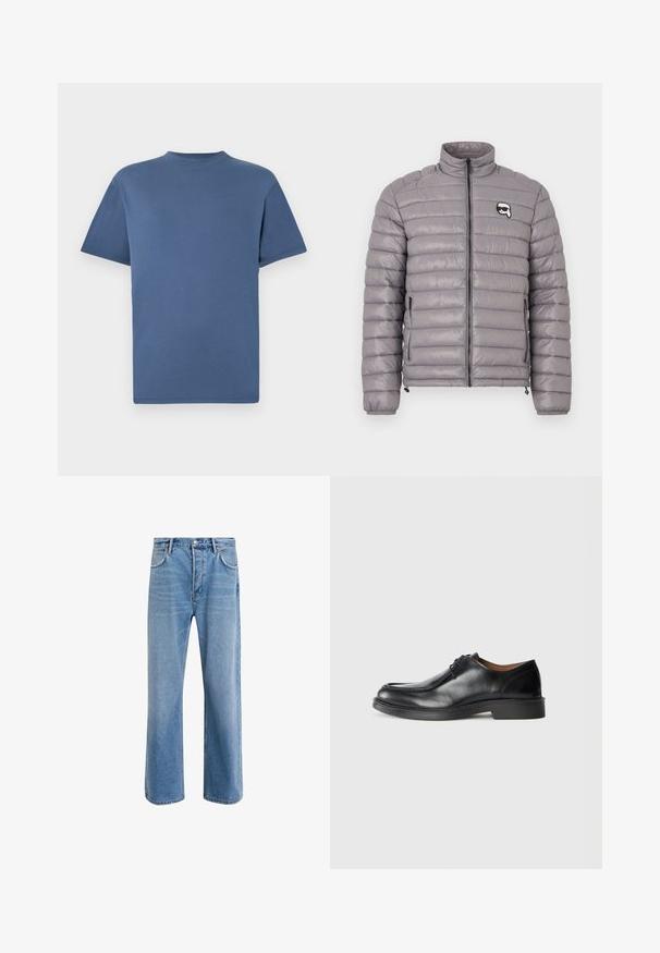 Graue gesteppte Jacke mit Stehkragen, vertikaler Nahtführung, Reißverschluss und Logoaufnäher auf der linken Brustseite. Verfügt über seitliche Reißverschlusstaschen.; Blaues T-Shirt mit kurzen Ärmeln und Rundhalsausschnitt, schlichtes, einfarbiges Design, flach auf weißem Hintergrund dargestellt.; Helle blaue Jeans im Geradeschnitt-Design, mit fünf Taschen, Knopfverschluss, minimaler Ausbleichung und kontrastierenden Nähdetails.; Schwarze Leder-Dressschuhe mit abgerundetem Zehenbereich, glatter Oberfläche, Schnürdetails und einer niedrigen, strukturierten Gummisohle. Saubere Linien und minimalistisches Design.