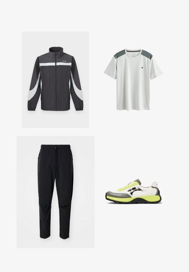Schwarze Sportjacke mit Reißverschluss, weißen geschwungenen Streifen an Ärmeln und Brust, hohem Kragen und elastischen Bündchen, dargestellt auf einfarbigem Hintergrund.; Weißes kurzärmeliges Sport-T-Shirt mit grauen Mesh-Schultereinsätzen und kleinem schwarzem Logo auf der linken Brustseite.; Schwarze, leichte outdoor Hosen mit elastischem Bund und verstellbarem Zugschnur. Ausgestattet mit Reißverschlusstaschen und tapered Bündchen.; Die Sneakers verfügen über ein weißes Obermaterial aus Canvas, graue Gummielemente, neongrüne Schnürsenkel, ein auffälliges Logo und eine strukturierte schwarze Sohle für besseren Grip.