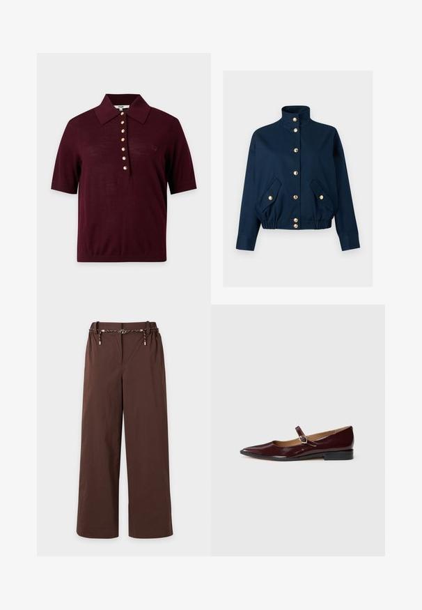 Veste bleu marine avec col montant, boutons-pression dorés sur le devant, ourlet élastique et deux poches avant à rabat avec fermetures à bouton doré.; Polo à manches courtes couleur bordeaux foncé avec un col large et une rangée de sept boutons dorés au centre devant.; Pantalon marron à jambes larges avec une ceinture élastique et une ceinture à cordon noire et blanche avec des accents dorés, présenté sur un fond clair.; Ballerines en cuir verni bordeaux de type Mary Jane avec un bout pointu, un talon plat et une sangle décorative avec une boucle circulaire.