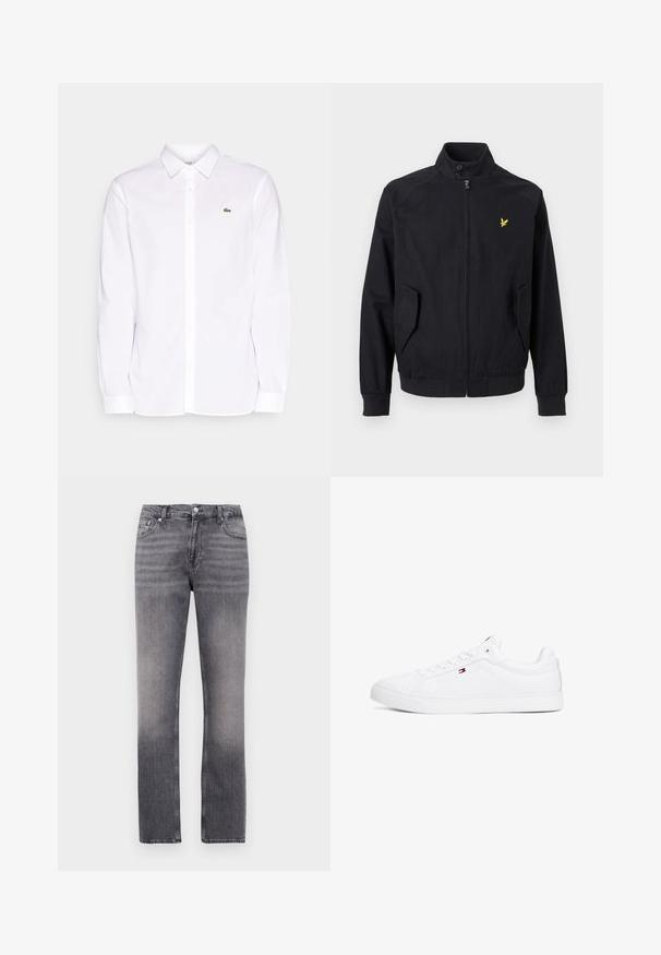 Chaqueta negra con cremallera y cuello alto, dos bolsillos delanteros y un pequeño logo de un pájaro amarillo en el pecho izquierdo.; Camisa blanca de manga larga hecha de algodón, que presenta un collar tipo button-down, un logo bordado verde en el lado izquierdo del pecho y puños rectos.; Jeans rectos grises con detalles deslavados, cierre frontal de botón y cremallera, presillas para cinturón y diseño de cinco bolsillos.; Zapatillas blancas de cuero sintético con suela plana, puntera redonda y seis ojetes. Presenta un pequeño logotipo en el lateral.
