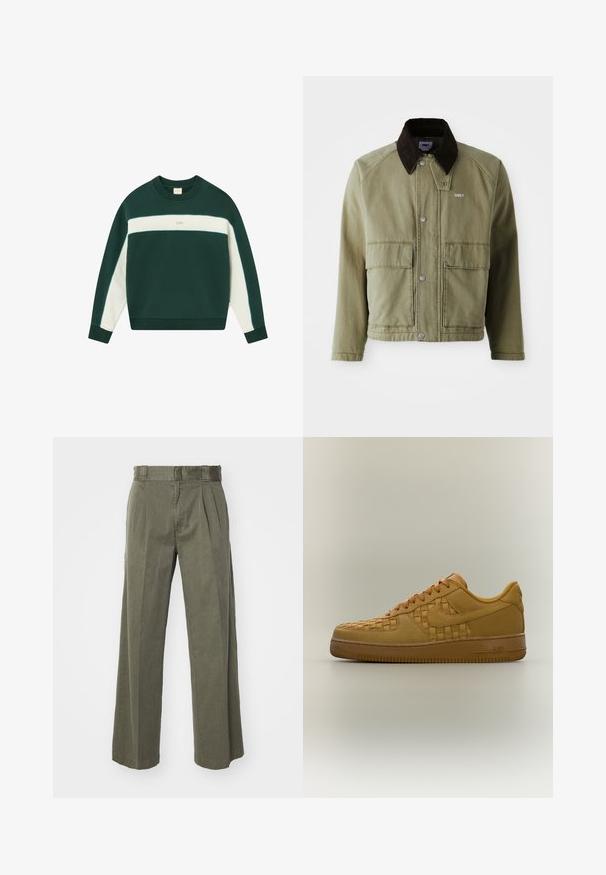 Veste en denim vert olive avec un col en daim marron, dotée de boutons-pression, de deux poches avant et d'un petit logo sur la poitrine gauche.; Sweatshirt vert et crème avec un col rond, des rayures contrastées, des poignets côtelés et un petit logo sur la poitrine. Matière en coton doux.; Pantalon vert olive avec une coupe large et décontractée, doté de plis à l'avant. Fabriqué en tissu texturé avec une taille standard et sans matériel visible.; Baskets basses couleur fauve avec motif en cuir tressé sur le côté et le bout, semelle épaisse, lacets et logo Nike sur le côté et le talon.