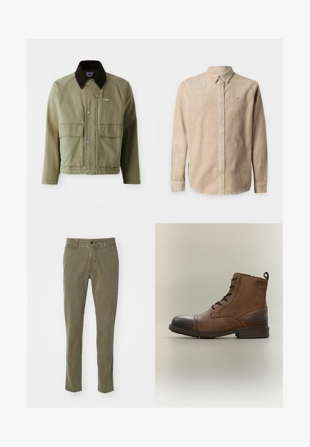 Veste en denim vert olive avec un col en daim marron, dotée de boutons-pression, de deux poches avant et d'un petit logo sur la poitrine gauche.; Chemise beige en velours côtelé à manches longues avec col boutonné et boutons devant sur fond blanc.; Pantalons vert olive en coton, avec une coupe droite, cinq poches et une fermeture à bouton unique à la taille.; Botte cheville en cuir marron à lacets avec bout noir, semelle ronde et détail de marque sur le côté sur fond uni.