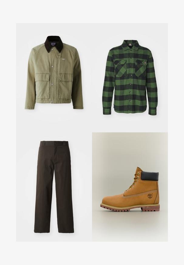 Chaqueta de mezclilla verde oliva con un cuello de ante marrón, con botones a presión, dos bolsillos frontales y un pequeño logo en el lado izquierdo del pecho.; Camisa de franela a cuadros verde y negra con dos bolsillos en el pecho, cierre de botones, mangas largas y cuello puntiagudo. Textura suave.; Pantalones de algodón negros con un diseño de pierna recta, que cuentan con un cierre de botón y una cinturilla clásica. Textura suave, sin patrones ni acentos.; Bota de tobillo de cuero marrón con cuello negro, cordones amarillos y suela beige. Presenta un logotipo y detalles de costura blanca. Suela exterior con tracción robusta.