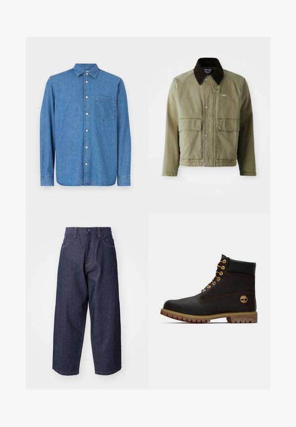 Olivenfarbene Jeansjacke mit einem braunen Wildledkragen, ausgestattet mit Druckknöpfen, zwei Fronttaschen und einem kleinen Logo auf der linken Brust.; Jeanshemd, hellblau, langärmlig, knöpfbarer Vorderteil, Kragen, eine Brusttasche, gerader Saum, subtile Textur, lässiges Design.; Dunkelblaue Denim-Jeans mit einem lockeren, weiten Schnitt. Zu den Merkmalen gehören ein Knopfverschluss, Fronttaschen und sichtbare Nähte.; Schwarze Leder-Ankle-Boots mit goldenen Ösen, braunen Akzenten und einer Gummisohle. Verfügt über einen gepolsterten Schaft und ein geprägtes Logo an der Seite.