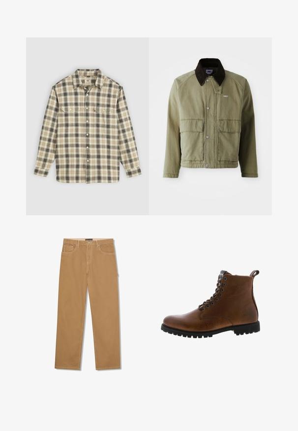 Olijfgroene spijkerjack met een bruine suède kraag, voorzien van drukknoopsluitingen, twee voorkruimelpockets en een klein logo op de linkerborst.; Langarm geruite blouse in beige, zwart en bruin stof, met knoopsluiting, twee borstzakken en een klassiek kraagontwerp.; Lichtbruine broek met rechte pijpen, vooraan met knoop en rits, met voorzakken en muntzakje, en zichtbare witte stiksels.; Bruine leren enkelbotten met een gestructureerde afwerking, metalen oogjes en een zwarte rubberen profielzool. Voorzien van een trekband aan de achterkant voor gemakkelijke instap.