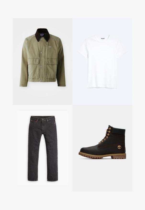 Veste en denim vert olive avec un col en daim marron, dotée de boutons-pression, de deux poches avant et d'un petit logo sur la poitrine gauche.; T-shirt blanc uni à manches courtes et col rond avec une étiquette de la marque WEEKDAY visible au niveau du col, présenté sur un fond clair.; Jeans en denim noirs à jambes droites avec cinq poches, fermeture à bouton et rivets cuivrés, posés à plat sur un fond blanc.; Bottine noire en cuir avec œillets dorés, accents marron et semelle en caoutchouc. Comprend un col rembourré et un logo estampé sur le côté.