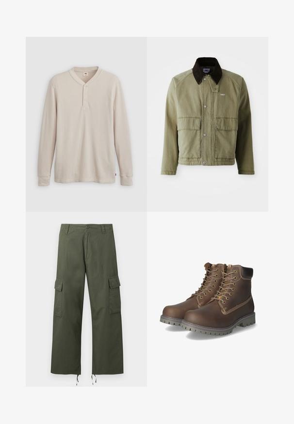 Chaqueta de mezclilla verde oliva con un cuello de ante marrón, con botones a presión, dos bolsillos frontales y un pequeño logo en el lado izquierdo del pecho.; Camisa tipo henley de manga larga en tejido acanalado color beige claro, con escote en V,tapeta de tres botones, y mangas con puños. Etiqueta de logo roja en el dobladillo.; Pantalones cargo verde oliva con bolsillos laterales con solapa, cierre de botones, trabillas para cinturón y cordones ajustables en los bajos de pierna anchos.; Botas de cuero marrón hasta el tobillo con cordones, cuello acolchado, costuras en contraste y suela de goma resistente con patrones de tracción.