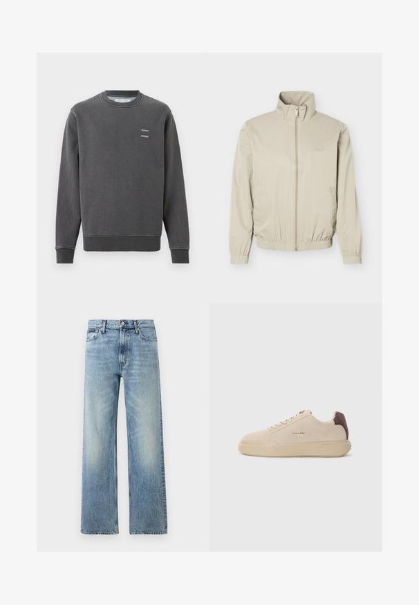 Veste légère beige avec col montant, fermeture éclair à l'avant, poignets et ourlet élastiques, dotée de poches latérales et d'un logo discret sur la poitrine.; Sweat-shirt gris foncé à col rond avec poignets et ourlet côtelés, présentant un petit texte blanc "SAMSOE SAMSOE" sur la poitrine gauche.; Jean droit en denim bleu clair avec taille haute, cinq poches, fermeture à boutons et léger délavage sur les cuisses et les genoux.; Baskets en daim beige avec un bout rond, lacets à l'avant et un accent en daim marron sur le talon. Dotées d'une semelle en caoutchouc texturé.