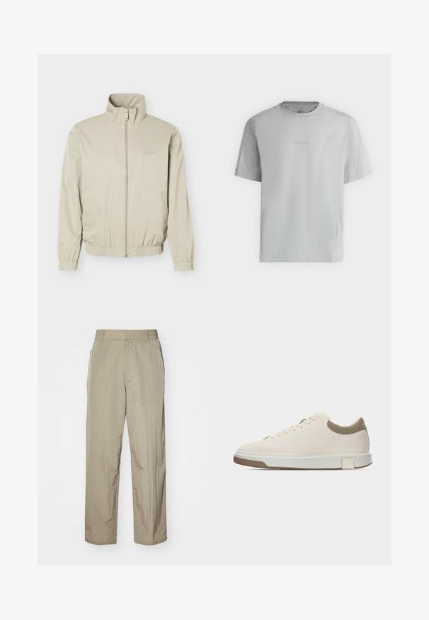 Beige letvægtsjakke med ståkrave, lynlås foran, elastiske manchetter og kant, med sidelommer og diskret logo på brystet.; Lysegrå t-shirt med korte ærmer, rund hals og præget "Calvin Klein" logo centreret på brystet.; Beige letvægtsbukser med en afslappet pasform, der har en elastisk talje og sidelommer. Stoffet ser tekstureret og let krøllet ud.; Beige lavt snøresko med snørelukning foran, brun hældetalje, tyk hvid sål og diskret præget mærkebrand på siden og hælen.