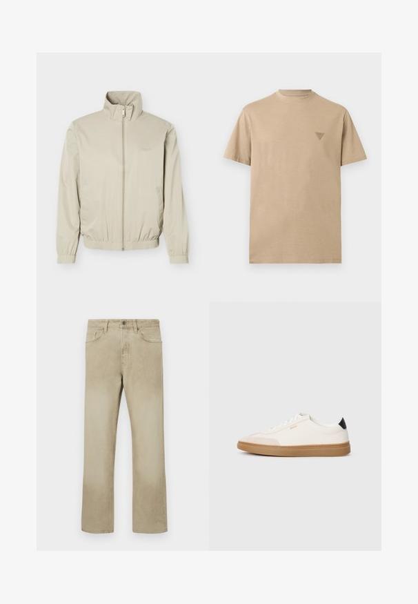 Beige lichtgewicht jas met opstaande kraag, ritssluiting aan de voorkant, elastische manchetten en zoom, voorzien van zijzakken en een subtiel logo op de borst.; Beige T-shirt met korte mouwen en ronde hals, met een klein driehoekig logo op de linkerborst, eenvoudig ontwerp, standaard pasvorm.; Beige katoenen broek met een rechte pijp, voorzien van voorzakken en een klassieke knoopsluiting. Soepele textuur met subtiele vervaging.; Witte sneakers met beige accenten, bovenwerk van glad leer, ronde neus en rubberen gumzool, met een zwarte hieltab en subtiele branding.